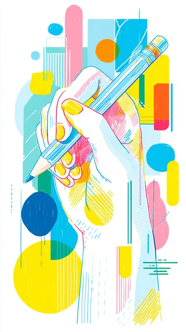 A hand writing with a pencil, colorful lines and shapes on a grey background, minimalistic, simple, pop art style, editorial illustration, advertising photography, studio lighting, high resolution, in the style of John Holcroft for a Vogue cover magazine.  --s 250   sefprlj
