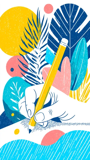 A hand writing with a pencil, colorful lines and shapes on a grey background, minimalistic, simple, pop art style, editorial illustration, advertising photography, studio lighting, high resolution, in the style of John Holcroft for a Vogue cover magazine.  --s 250   sefprlj