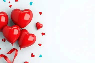 3D red hearts and polka-dot ribbons on a bright white background with confetti accents, flat lay.   bfjamcp --s 250