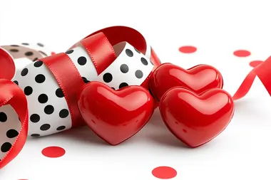 3D red hearts and polka-dot ribbons on a bright white background with confetti accents, flat lay.   bfjamcp --s 250