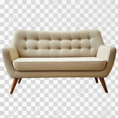 Mid-century modern sofa with wooden legs, isolated on white background