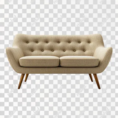 Mid-century modern sofa with wooden legs, isolated on white background