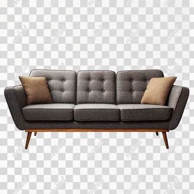 Mid-century modern sofa with wooden legs, isolated on white background