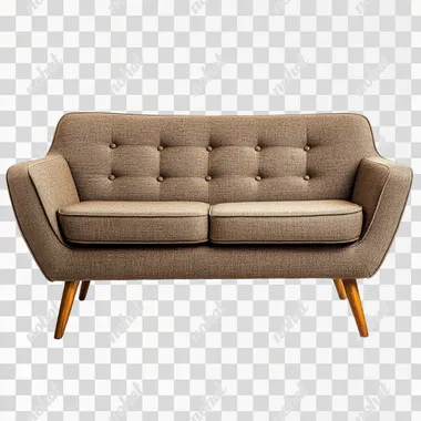 Mid-century modern sofa with wooden legs, isolated on white background