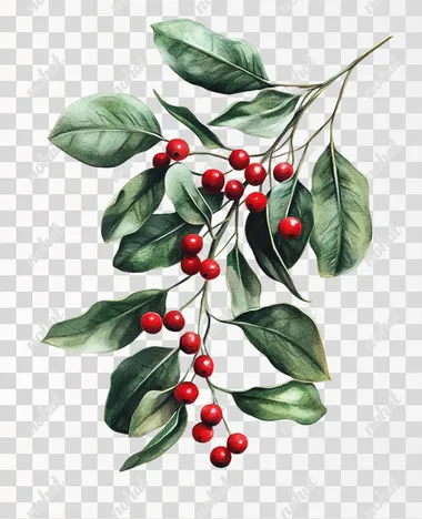 mistletoe on white background red berries  --s 250