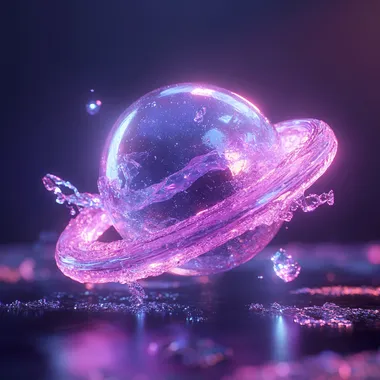 Glowing glass planet floating in space, ringed glass surrounding the planet, pink and purple hues, 3d rendering, Unreal Engine --s 250   5eul8v6