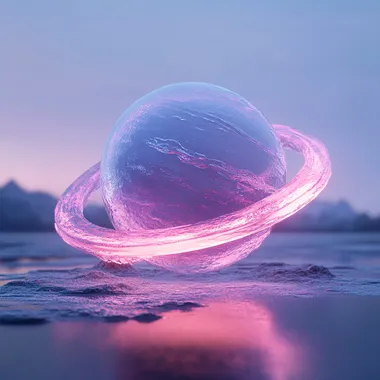 Glowing glass planet floating in space, ringed glass surrounding the planet, pink and purple hues, 3d rendering, Unreal Engine --s 250   5eul8v6