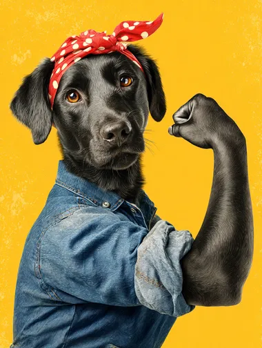 a black Labrador retriever dog as Rosie the Riveter, depicted in a famous pose where she is flexing her right bicep, wearing a blue Jean shirt and red bandanna with white polka dots on head, and a yellow background