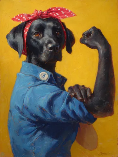 a black Labrador retriever dog as Rosie the Riveter, depicted in a famous pose where she is flexing her right bicep, wearing a blue Jean shirt and red bandanna with white polka dots on head, and a yellow background