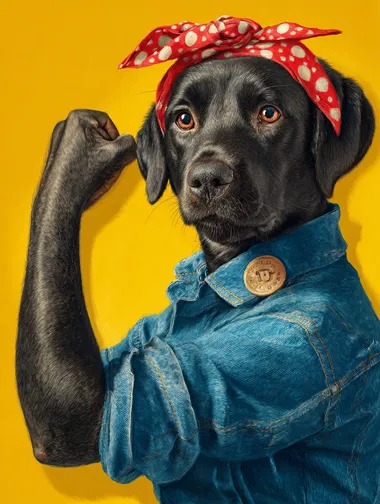 a black Labrador retriever dog as Rosie the Riveter, depicted in a famous pose where she is flexing her right bicep, wearing a blue Jean shirt and red bandanna with white polka dots on head, and a yellow background