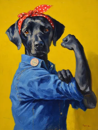 a black Labrador retriever dog as Rosie the Riveter, depicted in a famous pose where she is flexing her right bicep, wearing a blue Jean shirt and red bandanna with white polka dots on head, and a yellow background