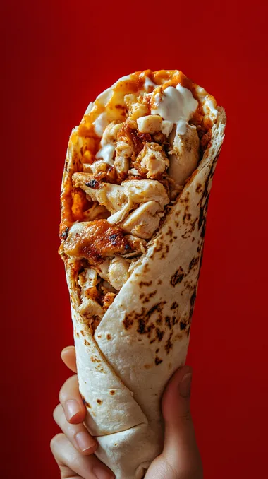 long chicken shawarma with bread and cheese inside, 30 cm long in a person's hand, side view, red background from behind,