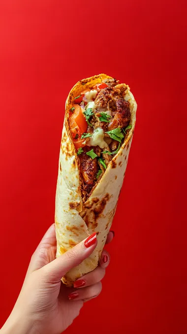 long chicken shawarma with bread and cheese inside, 30 cm long in a person's hand, side view, red background from behind,