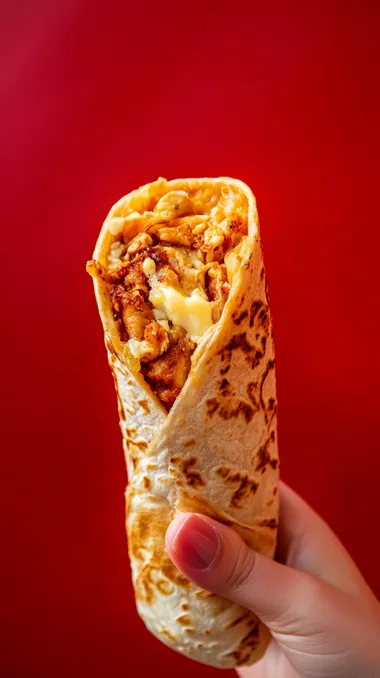 long chicken shawarma with bread and cheese inside, 30 cm long in a person's hand, side view, red background from behind,