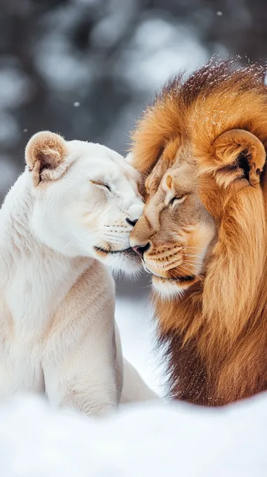 A photograph of a pure white lioness and tan male lion couple in love, sitting side by side on the snow with their heads touching each other's shoulders, looking into each other's eyes lovingly, majestic.