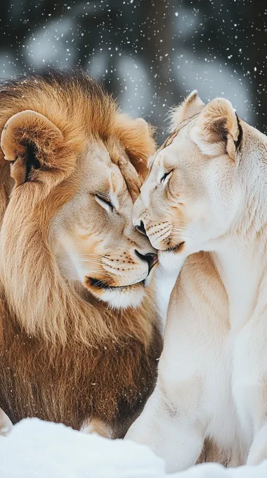 A photograph of a pure white lioness and tan male lion couple in love, sitting side by side on the snow with their heads touching each other's shoulders, looking into each other's eyes lovingly, majestic.