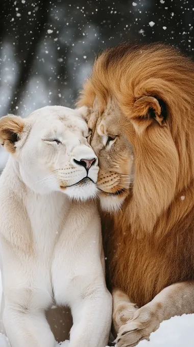 A photograph of a pure white lioness and tan male lion couple in love, sitting side by side on the snow with their heads touching each other's shoulders, looking into each other's eyes lovingly, majestic.