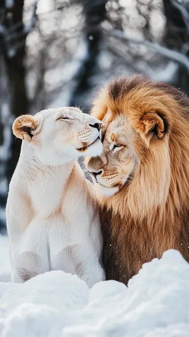 A photograph of a pure white lioness and tan male lion couple in love, sitting side by side on the snow with their heads touching each other's shoulders, looking into each other's eyes lovingly, majestic.