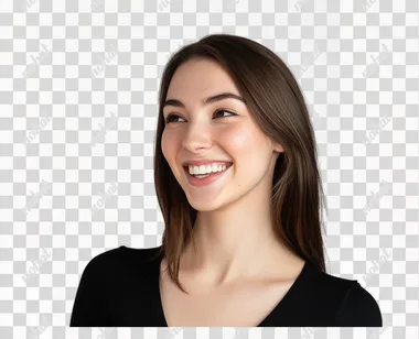 Beautiful Caucasian woman with smooth skin, she looks to the side and smiles happily, upper body, white background, studio lighting, Sony 7 IV, Fony R8 style.   --s 50
