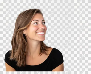 Beautiful Caucasian woman with smooth skin, she looks to the side and smiles happily, upper body, white background, studio lighting, Sony 7 IV, Fony R8 style.   --s 50