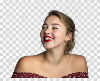 Beautiful Caucasian woman with smooth skin, she looks to the side and smiles happily, upper body, white background, studio lighting, Sony 7 IV, Fony R8 style.   --s 50
