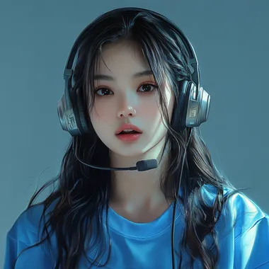 hyper realistic asian E-girl streaming wearing blue shirt with headset and mic