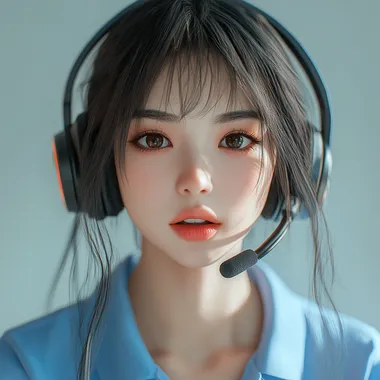 hyper realistic asian E-girl streaming wearing blue shirt with headset and mic