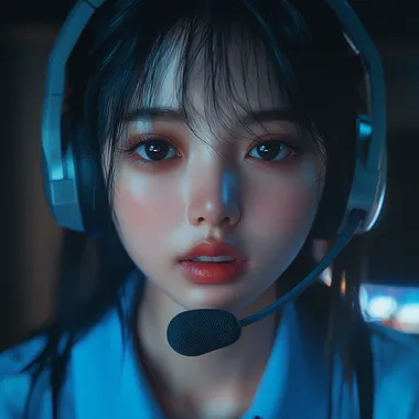 hyper realistic asian E-girl streaming wearing blue shirt with headset and mic