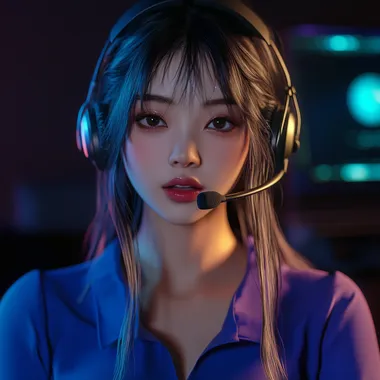 hyper realistic asian E-girl streaming wearing blue shirt with headset and mic