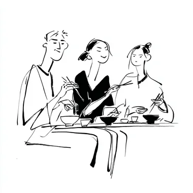 three people in Yu Nagaba style: a curious foodie trying exotic food, a serious gourmet analyzing a dish, and a very hungry foodie devouring a large meal, minimalist black and white line drawing, hand-drawn, clean background, simple and expressive lines