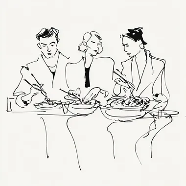 three people in Yu Nagaba style: a curious foodie trying exotic food, a serious gourmet analyzing a dish, and a very hungry foodie devouring a large meal, minimalist black and white line drawing, hand-drawn, clean background, simple and expressive lines