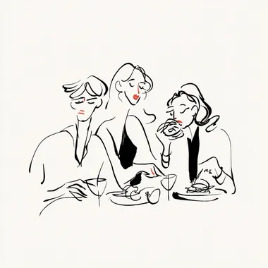 three people in Yu Nagaba style: a curious foodie trying exotic food, a serious gourmet analyzing a dish, and a very hungry foodie devouring a large meal, minimalist black and white line drawing, hand-drawn, clean background, simple and expressive lines