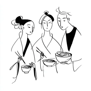 three people in Yu Nagaba style: a curious foodie trying exotic food, a serious gourmet analyzing a dish, and a very hungry foodie devouring a large meal, minimalist black and white line drawing, hand-drawn, clean background, simple and expressive lines