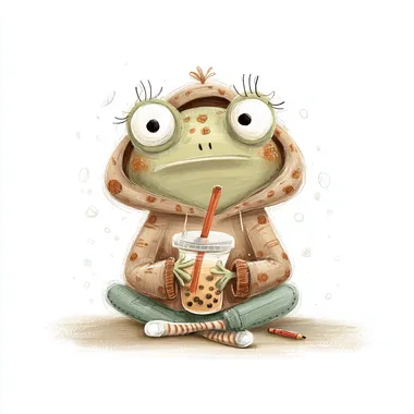 a tiny frog wearing an oversized hoodie, holding a bubble tea cup, sitting casually, colored pencil drawing, cute and whimsical, hand-drawn look, soft textures, no background, white background, pastel tones rofile 94xucm6