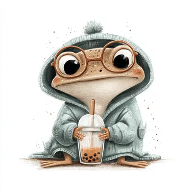 a tiny frog wearing an oversized hoodie, holding a bubble tea cup, sitting casually, colored pencil drawing, cute and whimsical, hand-drawn look, soft textures, no background, white background, pastel tones rofile 94xucm6