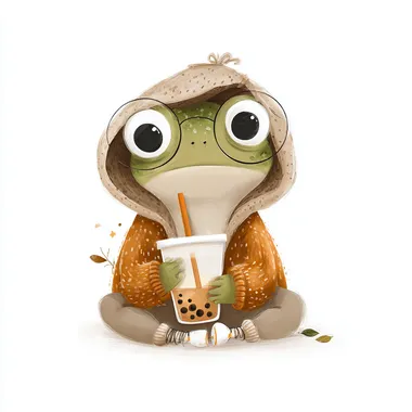 a tiny frog wearing an oversized hoodie, holding a bubble tea cup, sitting casually, colored pencil drawing, cute and whimsical, hand-drawn look, soft textures, no background, white background, pastel tones rofile 94xucm6