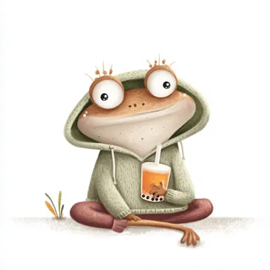 a tiny frog wearing an oversized hoodie, holding a bubble tea cup, sitting casually, colored pencil drawing, cute and whimsical, hand-drawn look, soft textures, no background, white background, pastel tones rofile 94xucm6