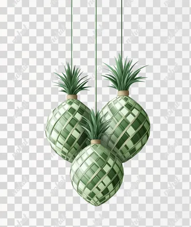 Ketupat hanging, vector illustration with a white background, a green color theme, and a checkered pattern.