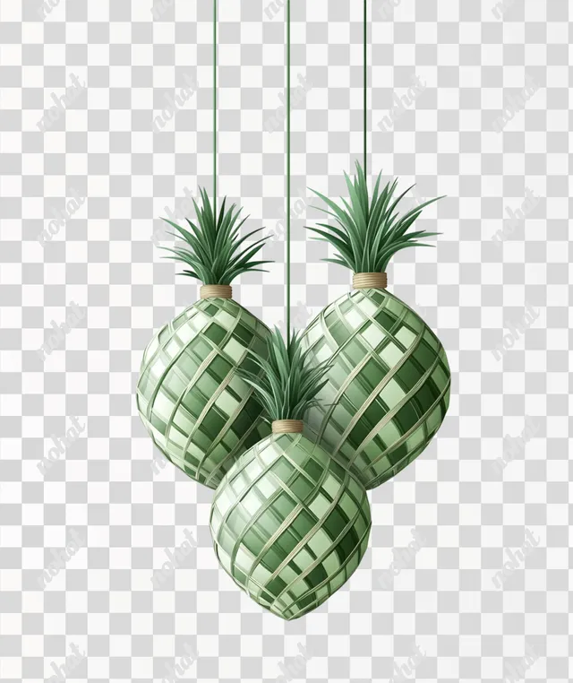 PNG Three Green Ketupat Ornaments Hanging in a Festive Living Space