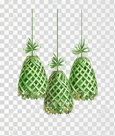 Ketupat hanging, vector illustration with a white background, a green color theme, and a checkered pattern.
