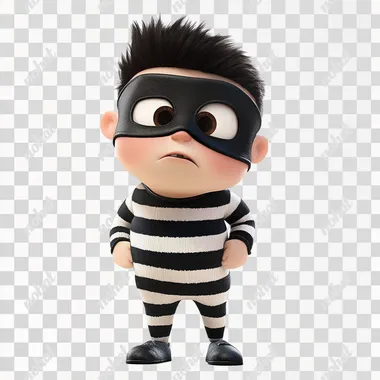 a full body cute pixar thief wearing a mask and prison stripes, looking to his right, looking mischievous, sinister, evil, mouth open and hungey, white back ground