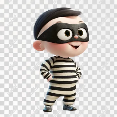 a full body cute pixar thief wearing a mask and prison stripes, looking to his right, looking mischievous, sinister, evil, mouth open and hungey, white back ground
