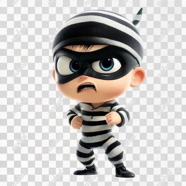a full body cute pixar thief wearing a mask and prison stripes, looking to his right, looking mischievous, sinister, evil, mouth open and hungey, white back ground