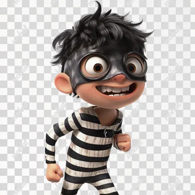 a full body cute pixar thief wearing a mask and prison stripes, looking to his right, looking mischievous, sinister, evil, mouth open and hungey, white back ground