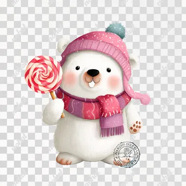 Cute white bear wearing a pink hat and scarf, holding a lollipop, in a clipart style, digital art graphic design isolated on a white background, in the style of a children's book illustration, with a beautiful color palette, high resolution, character sheet, and detailed.