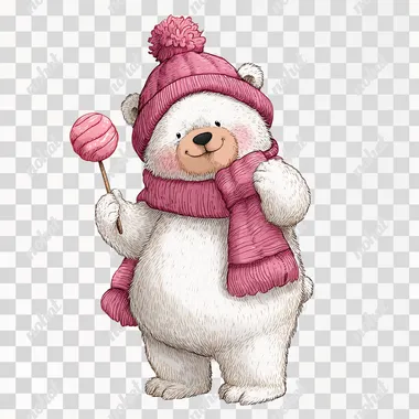 Cute white bear wearing a pink hat and scarf, holding a lollipop, in a clipart style, digital art graphic design isolated on a white background, in the style of a children's book illustration, with a beautiful color palette, high resolution, character sheet, and detailed.