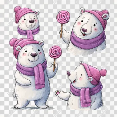 Cute white bear wearing a pink hat and scarf, holding a lollipop, in a clipart style, digital art graphic design isolated on a white background, in the style of a children's book illustration, with a beautiful color palette, high resolution, character sheet, and detailed.