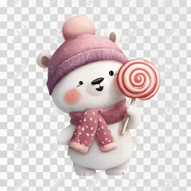 Cute white bear wearing a pink hat and scarf, holding a lollipop, in a clipart style, digital art graphic design isolated on a white background, in the style of a children's book illustration, with a beautiful color palette, high resolution, character sheet, and detailed.