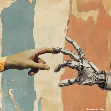 Collage of two hands about to touch, evoking hte imagery of "the creation of Adam", one of the hands is mechanical, the other is human. Minimalist style