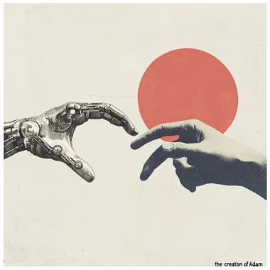Collage of two hands about to touch, evoking hte imagery of "the creation of Adam", one of the hands is mechanical, the other is human. Minimalist style